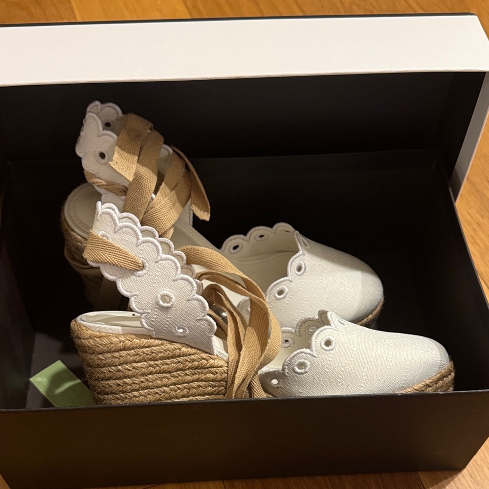 Larroude White and Tan Espadrille Wedges